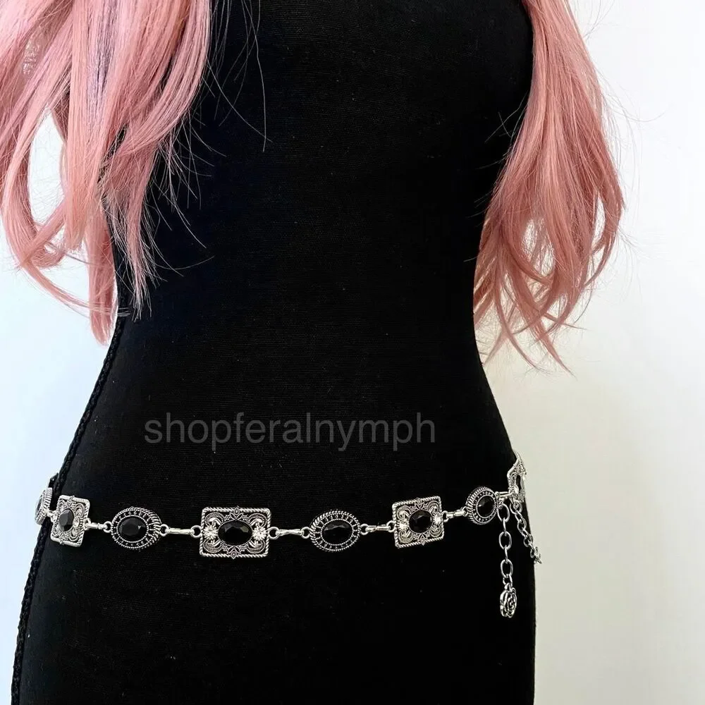 Silver Y2K Black Jewel Whimsygoth Chain Belt, Fits 25.5-42.5 Inches, X7GA1291